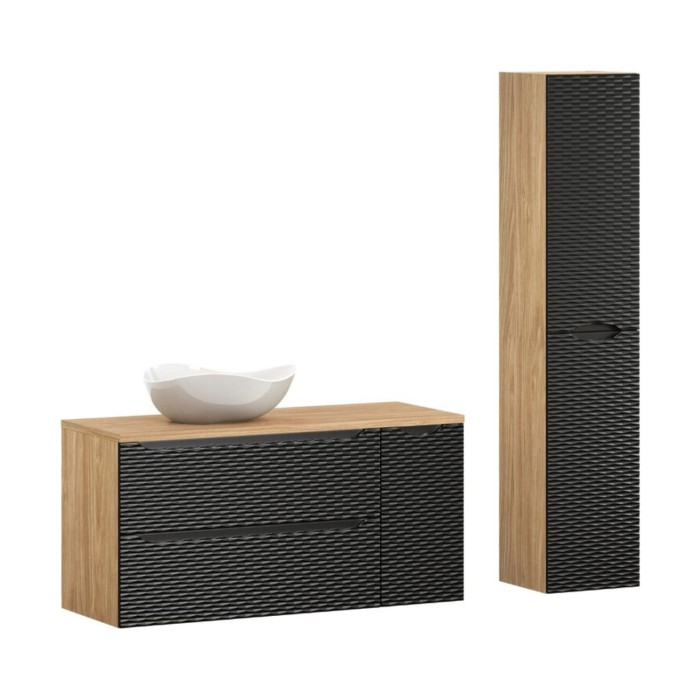 Ensemble meuble sous vasque, colonne de rangement et vasque à poser blanche originale YOKA noir