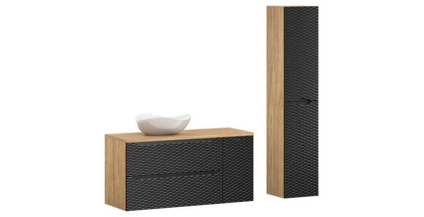 Ensemble meuble sous vasque, colonne de rangement et vasque à poser blanche originale YOKA noir