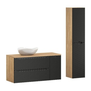 Ensemble meuble sous vasque, colonne de rangement et vasque à poser blanche originale YOKA noir