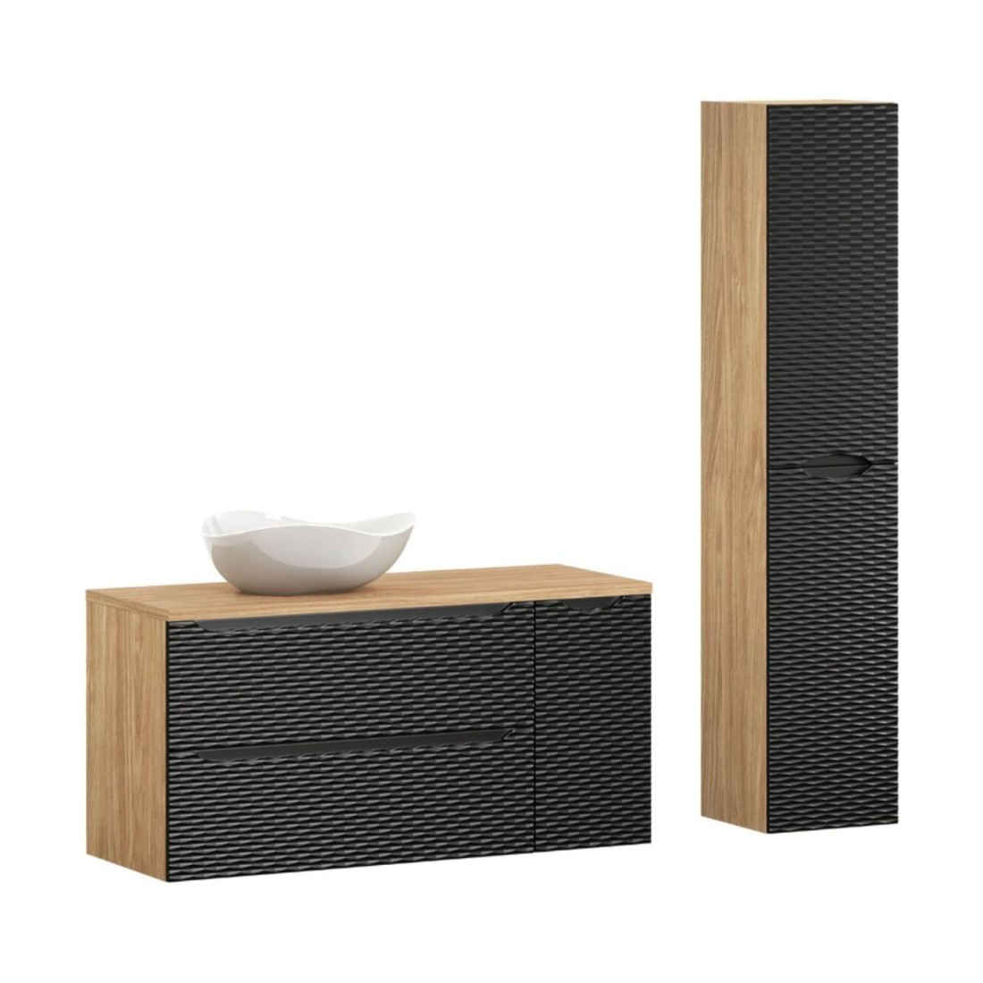 Ensemble meuble sous vasque, colonne de rangement et vasque à poser blanche originale YOKA noir