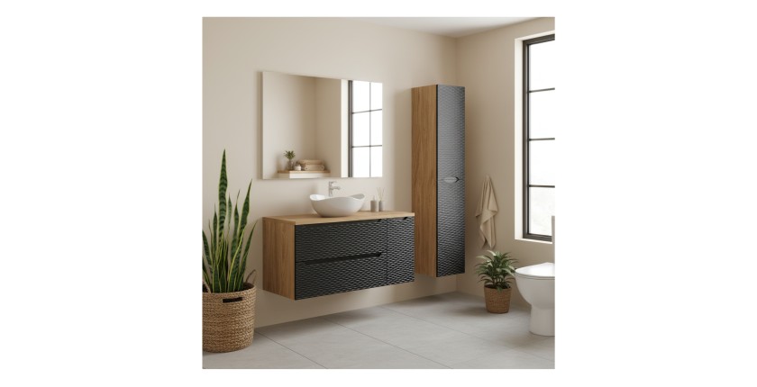 Ensemble meuble sous vasque, colonne de rangement et vasque à poser blanche originale YOKA noir mis en situation