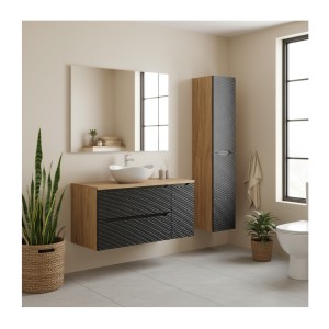 Ensemble meuble sous vasque, colonne de rangement et vasque à poser blanche originale YOKA noir mis en situation