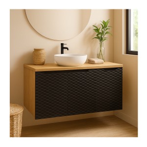 Ensemble meubles sous vasque et plateau 90cm noir YOKA mis en situation