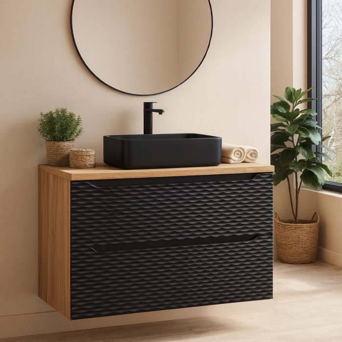 Ensemble meuble sous vasque, plateau et vasque à poser noire 90cm collection YOKA noir mis en situation