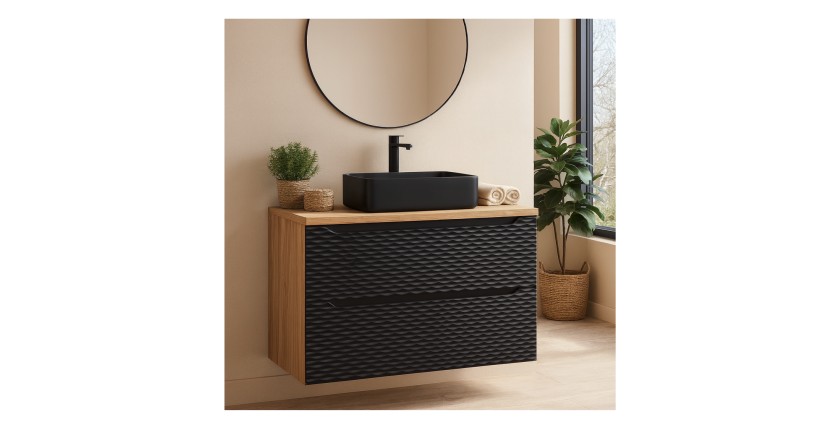 Ensemble meuble sous vasque, plateau et vasque à poser noire 90cm collection YOKA noir mis en situation