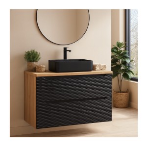 Ensemble meuble sous vasque, plateau et vasque à poser noire 90cm collection YOKA noir mis en situation