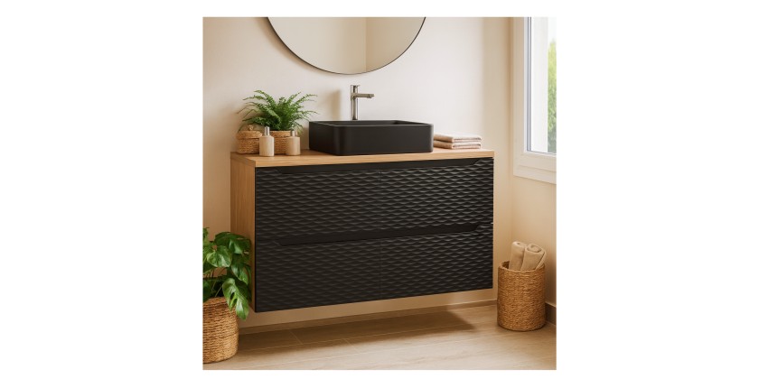 Ensemble meuble sous vasque et plateau collection YOKA noir 90cm mis en situation