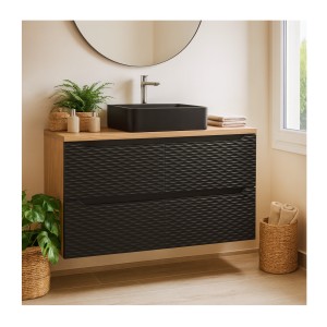 Ensemble meuble sous vasque et plateau collection YOKA noir 90cm mis en situation