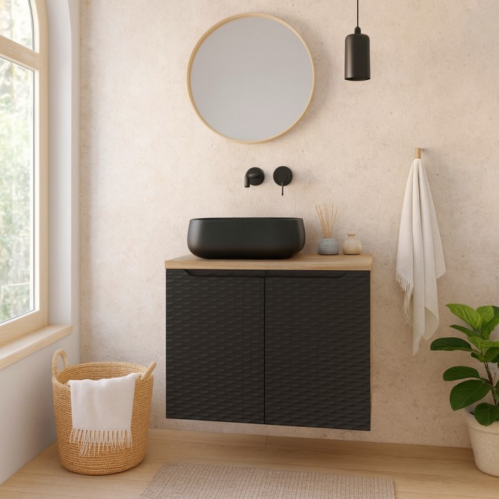 Ensemble meuble sous vasque, plateau et vasque à poser noire, collection YOKA noir, 60cm mis en situation