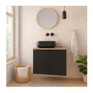 Ensemble meuble sous vasque, plateau et vasque à poser noire, collection YOKA noir, 60cm mis en situation