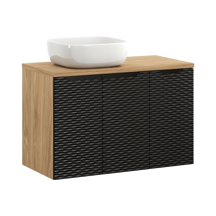 Ensemble meuble sous vasque, plateau et vasque blanche à poser, collection YOKA noir, 90cm