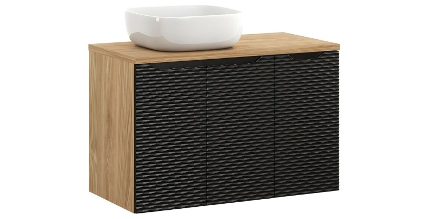 Ensemble meuble sous vasque, plateau et vasque blanche à poser, collection YOKA noir, 90cm