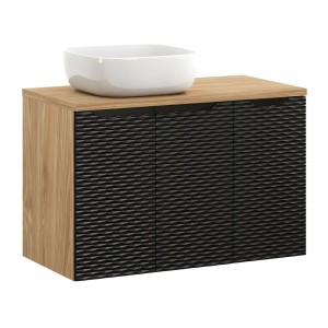 Ensemble meuble sous vasque, plateau et vasque blanche à poser, collection YOKA noir, 90cm