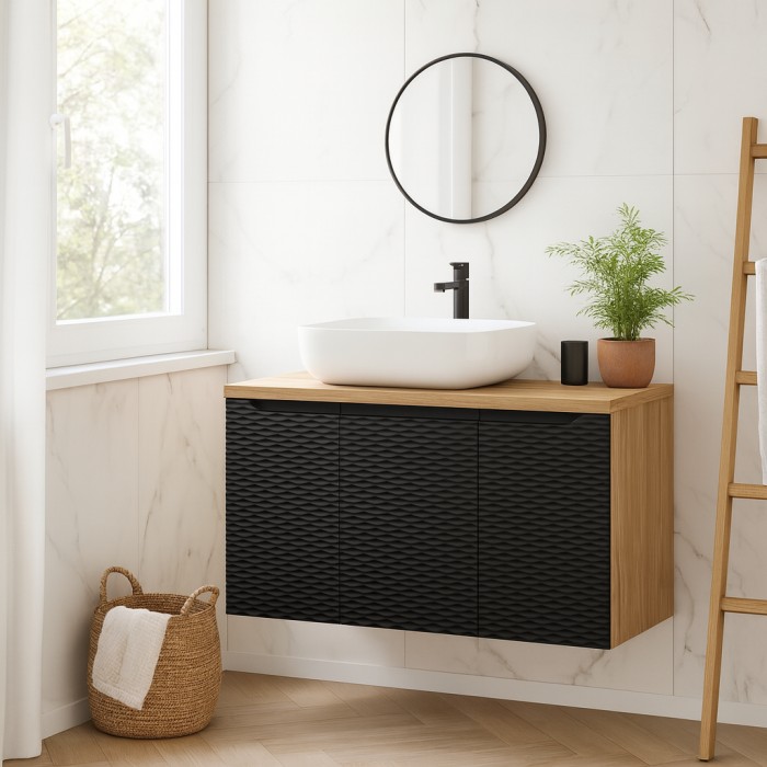 Ensemble meuble sous vasque, plateau et vasque blanche à poser, collection YOKA noir, 90cm mis en situation