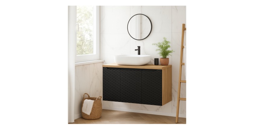 Ensemble meuble sous vasque, plateau et vasque blanche à poser, collection YOKA noir, 90cm mis en situation