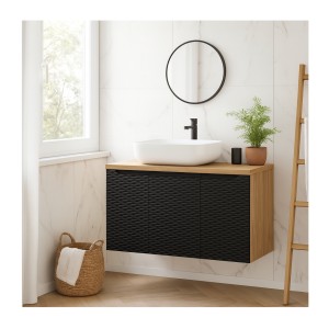 Ensemble meuble sous vasque, plateau et vasque blanche à poser, collection YOKA noir, 90cm mis en situation