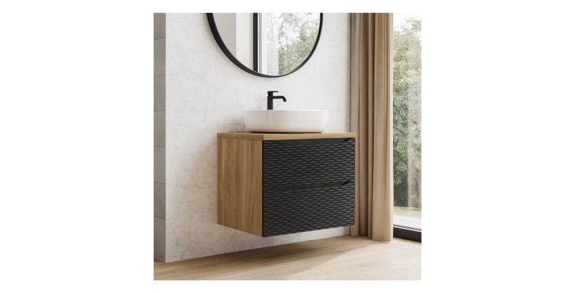 Ensemble meuble sous vasque, plateau et vasque à poser blanche, YOKA, 60cm, noir mis en situation