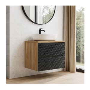 Ensemble meuble sous vasque, plateau et vasque à poser blanche, YOKA, 60cm, noir mis en situation