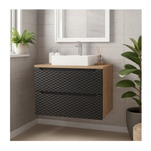 Ensemble meuble sous vasque et plateau, collection YOKA noir, 80cm mis en situation