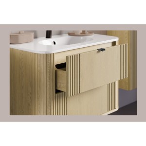 Ensemble meuble sous vasque et vasque encastrée blanche collection KORI 100cm avec tiroirs ouverts