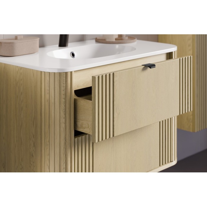 Badezimmer-Set KORI: Waschbeckenunterschrank 80cm + Einbauwaschbecken + Stauraumsäule