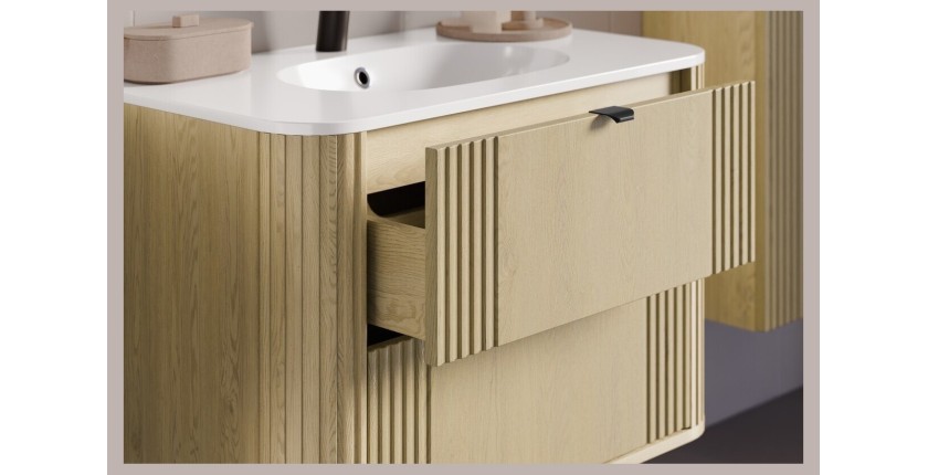 Ensemble meuble sous vasque, vasque encastrée et colonne de rangement KORI 80cm avec tiroir ouvert