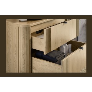 Ensemble meuble sous vasque, plateau et vasque blanche originale KORI 100cm avec tiroirs ouverts