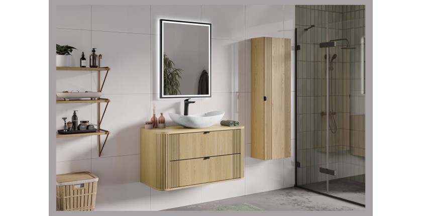 Ensemble meuble sous vasque, plateau et vasque blanche originale KORI 100cm mis en situation