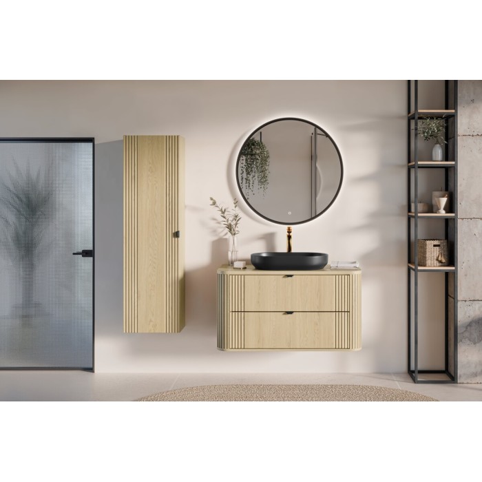 Badezimmer-Set KORI: Waschtischunterschrank 100cm + Platte für Waschbecken + Aufsatzwaschbecken + Hochschrank