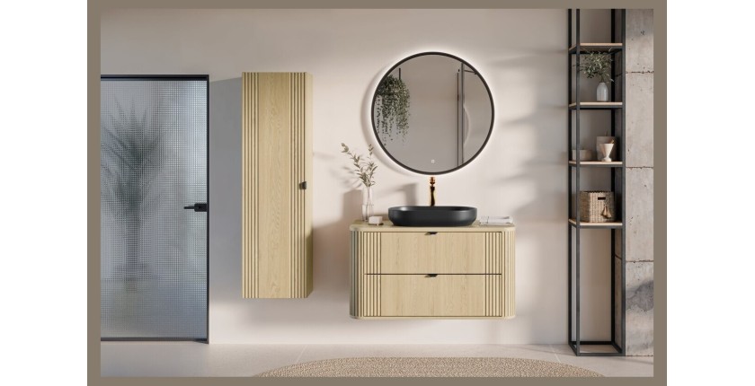 Ensemble meuble sous vasque, plateau, colonne de rangement et vasque à poser noire collection KORI 100cm dans un décor 3D