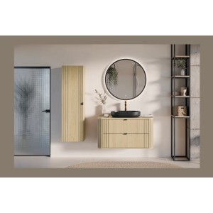 Ensemble meuble sous vasque, plateau, colonne de rangement et vasque à poser noire collection KORI 100cm dans un décor 3D