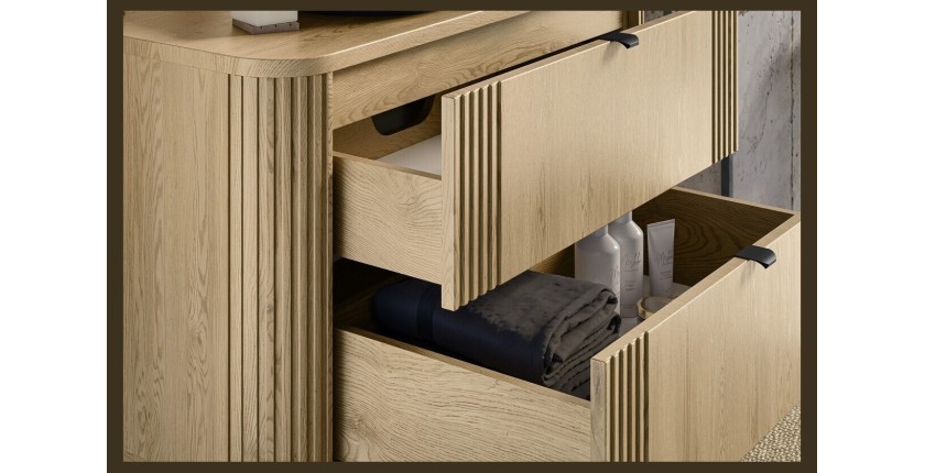 Ensemble meuble sous vasque, plateau, colonne de rangement et vasque à poser noire collection KORI 100cm avec tiroirs ouverts