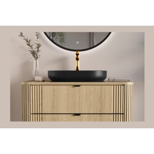 Ensemble meuble sous vasque, plateau, colonne de rangement et vasque à poser noire collection KORI 100cm vu de face