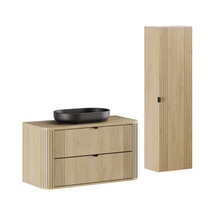 Ensemble meuble sous vasque, plateau, colonne de rangement et vasque à poser noire collection KORI 100cm