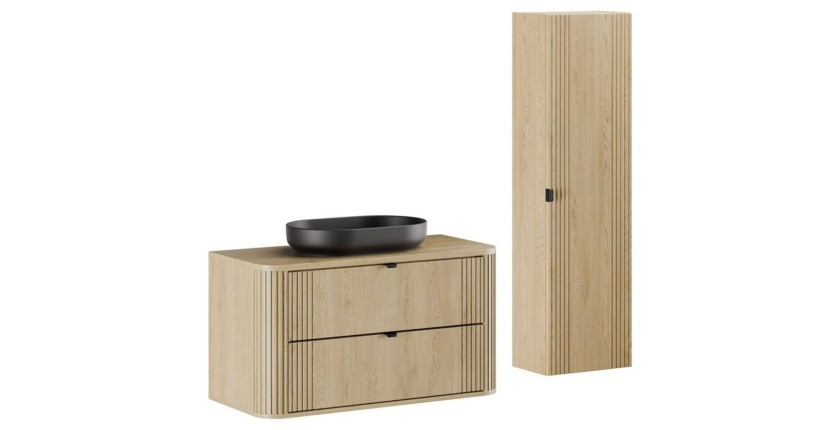 Ensemble meuble sous vasque, plateau, colonne de rangement et vasque à poser noire collection KORI 100cm