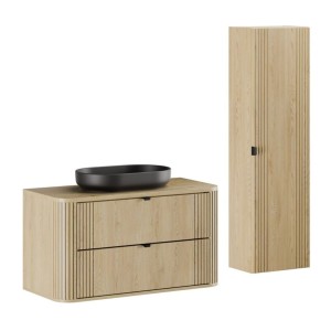 Ensemble meuble sous vasque, plateau, colonne de rangement et vasque à poser noire collection KORI 100cm