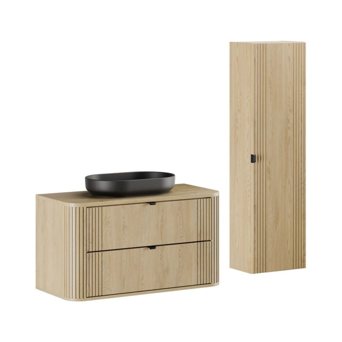 Ensemble meuble sous vasque, plateau, colonne de rangement et vasque à poser noire collection KORI 100cm