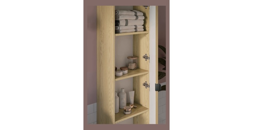 Ensemble meuble sous vasque, plan vasque, vasque à poser blanche originale et colonne de rangement KORI avec placard ouvert