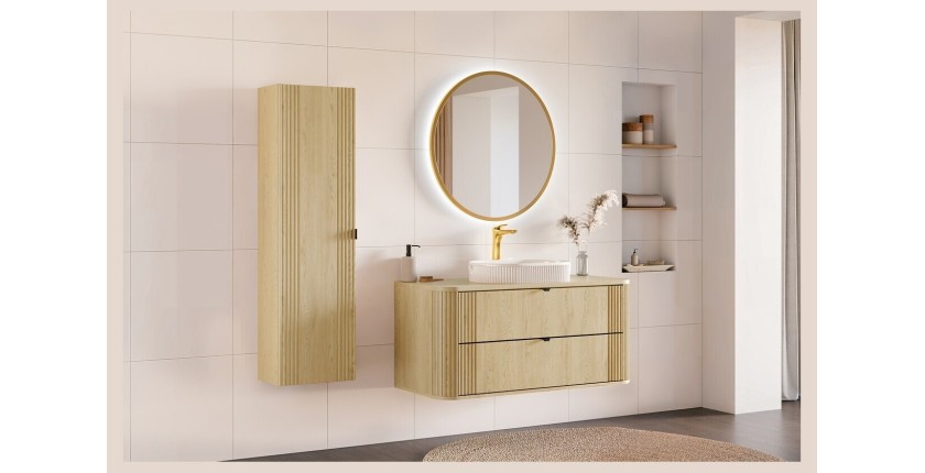 Ensemble meuble sous vasque, plan vasque, vasque à poser blanche originale et colonne de rangement KORI mis en situation