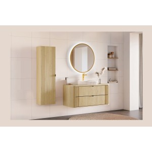 Ensemble meuble sous vasque, plan vasque, vasque à poser blanche originale et colonne de rangement KORI mis en situation