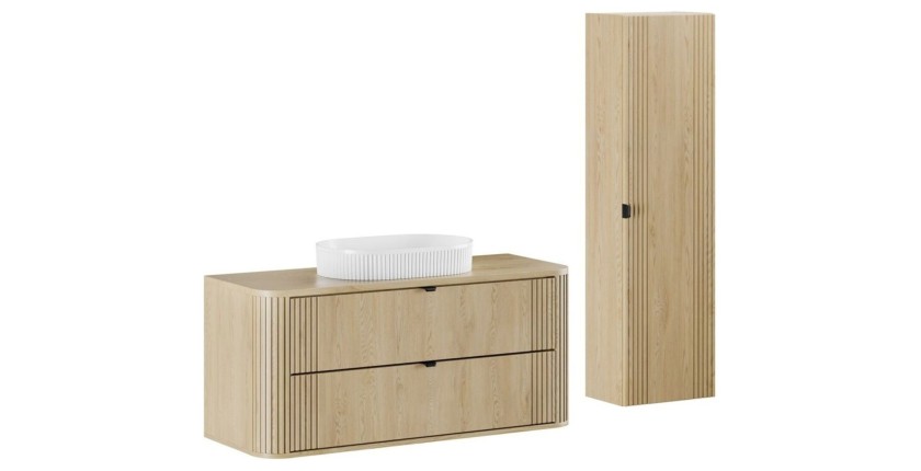 Ensemble meuble sous vasque, plan vasque, vasque à poser blanche originale et colonne de rangement KORI