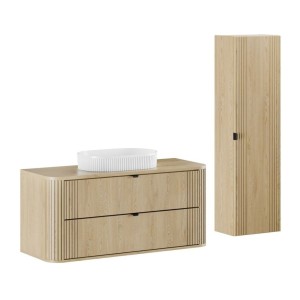 Ensemble meuble sous vasque, plan vasque, vasque à poser blanche originale et colonne de rangement KORI