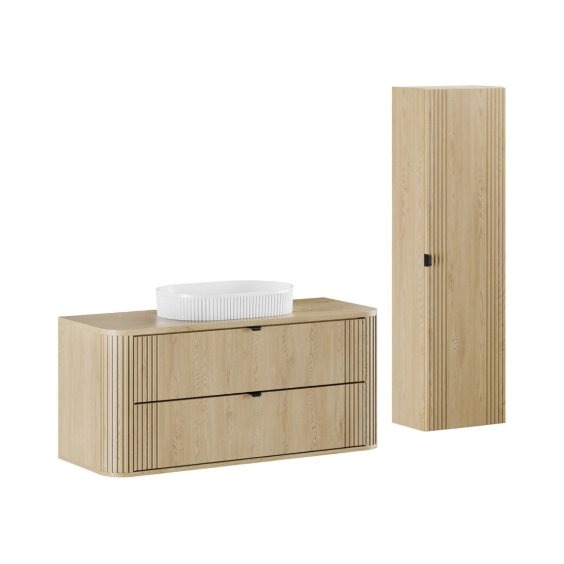 Ensemble meuble sous vasque, plan vasque, vasque à poser blanche originale et colonne de rangement KORI