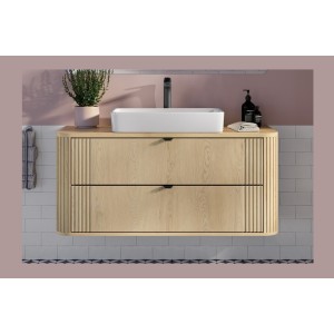 Ensemble meuble sous vasque, plan vasque et vasque à poser blanche collection KORI 120cm vu de face