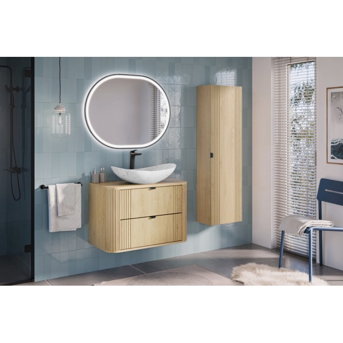 Ensemble meuble sous vasque 80cm, plan vasque et vasque blanche originale à poser KORI dans un décor 3D