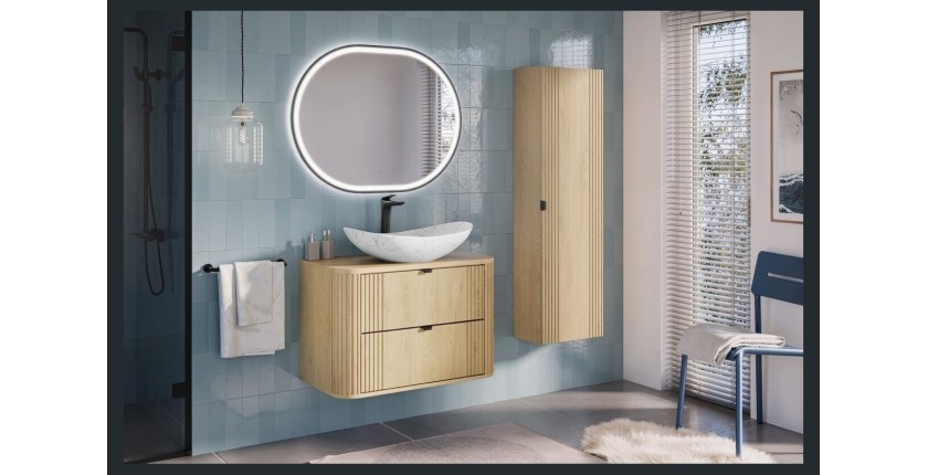 Ensemble meuble sous vasque 80cm, plan vasque et vasque blanche originale à poser KORI dans un décor 3D