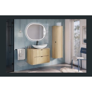 Ensemble meuble sous vasque 80cm, plan vasque et vasque blanche originale à poser KORI dans un décor 3D