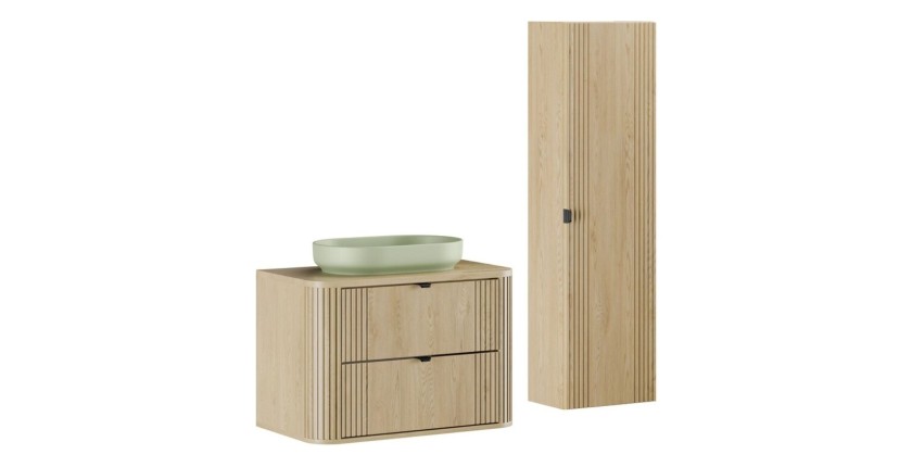 Ensemble meuble sous vasque, plan vasque, vasque à poser verte et colonne de rangement KORI