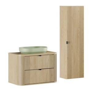 Ensemble meuble sous vasque, plan vasque, vasque à poser verte et colonne de rangement KORI