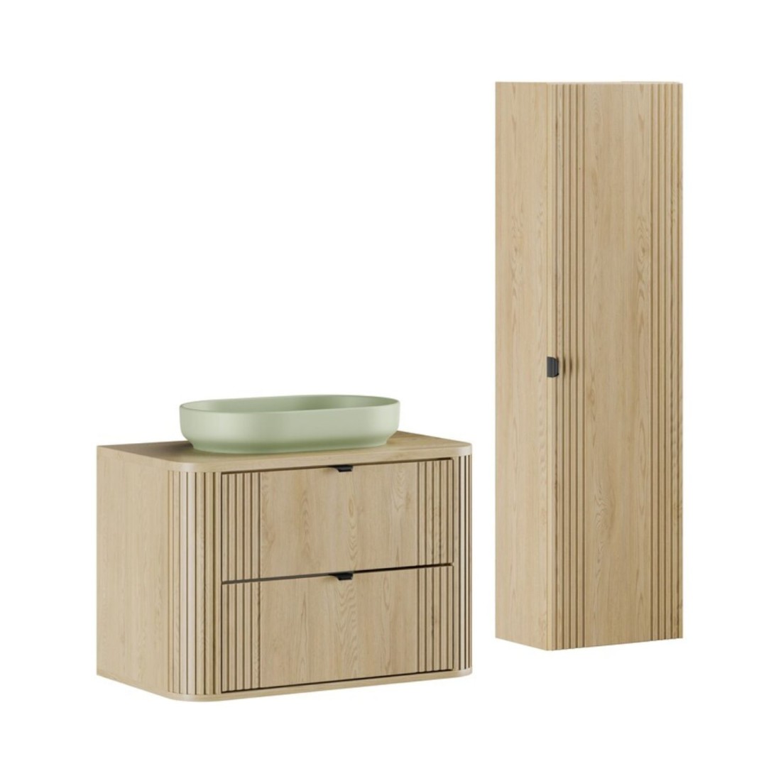 Ensemble meuble sous vasque, plan vasque, vasque à poser verte et colonne de rangement KORI